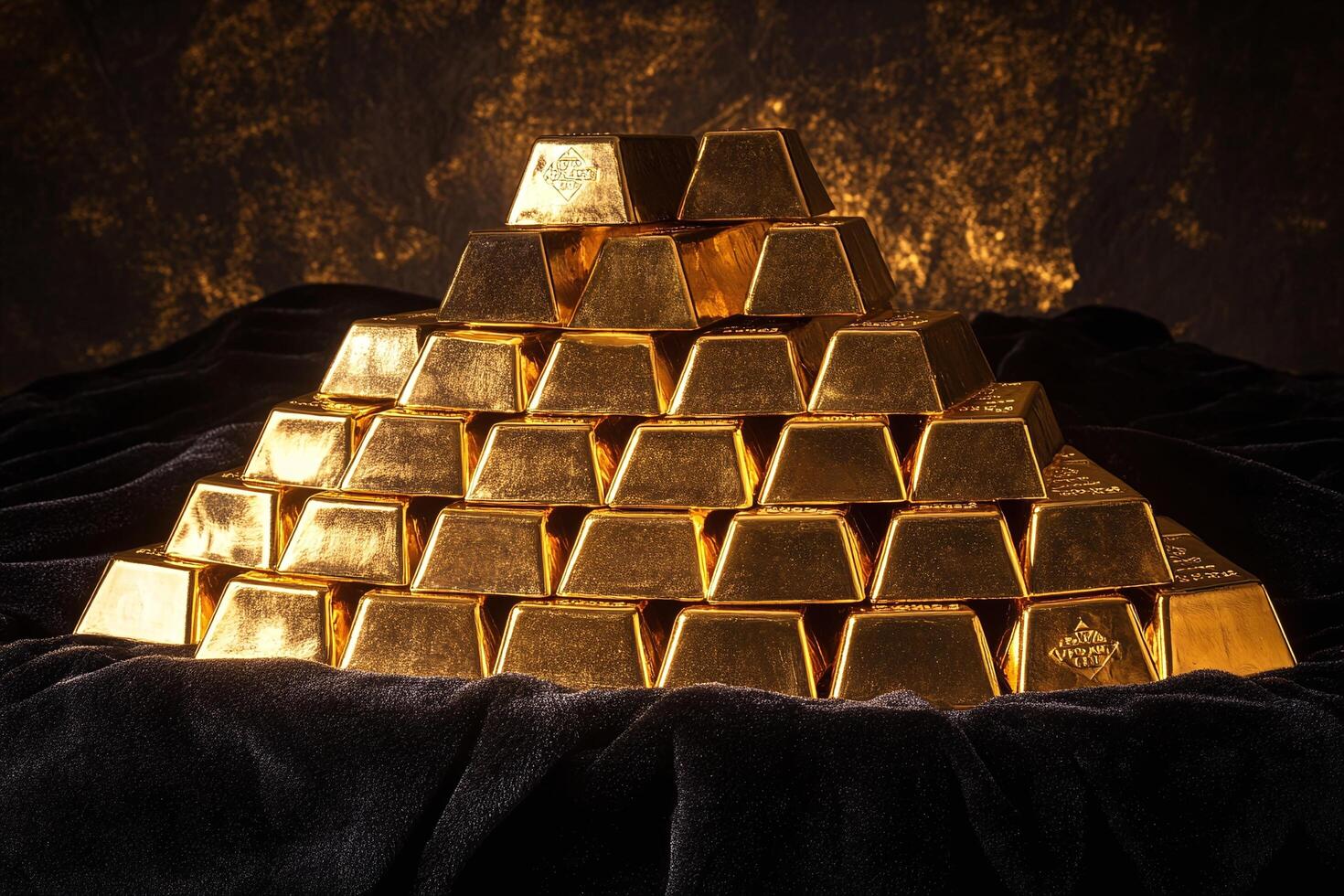 Pyramid of Shiny Gold Bars Resting on Dark Velvet With Textured Gold Background for Wealth and Investment Themes photo