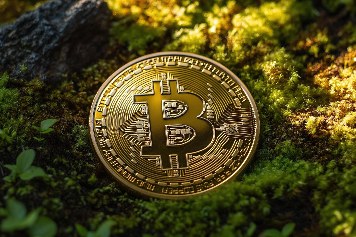 Golden Bitcoin Cryptocurrency Coin on Vibrant Green Moss in Sunlit Nature Setting Depicting Digital Wealth photo