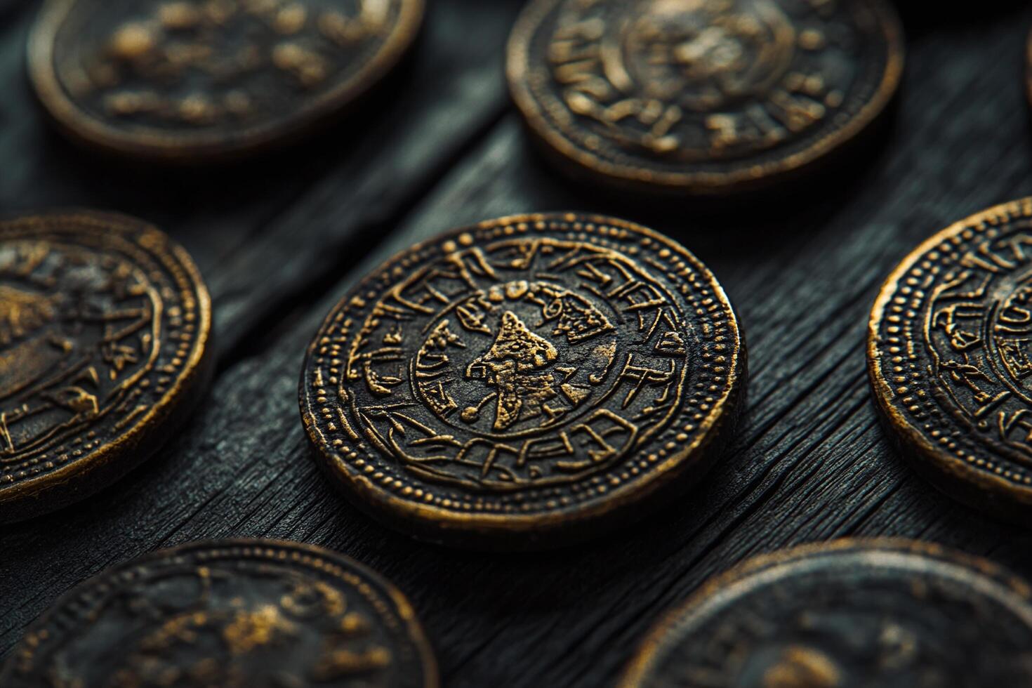 Closeup of Ancient Gold Coins with Intricate Symbolic Designs on Dark Wooden Background photo