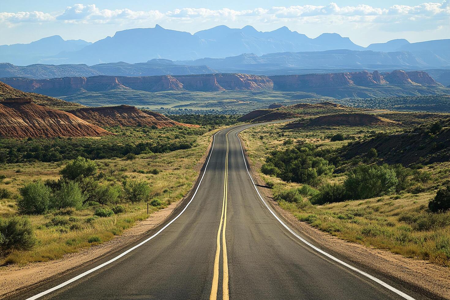 Straight Open Road Through Scenic Desert Landscape With Green Vegetation And Blue Mountain Range View photo