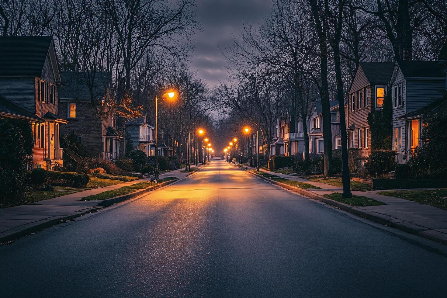 Quiet Suburban Street at Dusk with Warm House Lights and Empty Road Lined by Trees and Lamp Posts photo