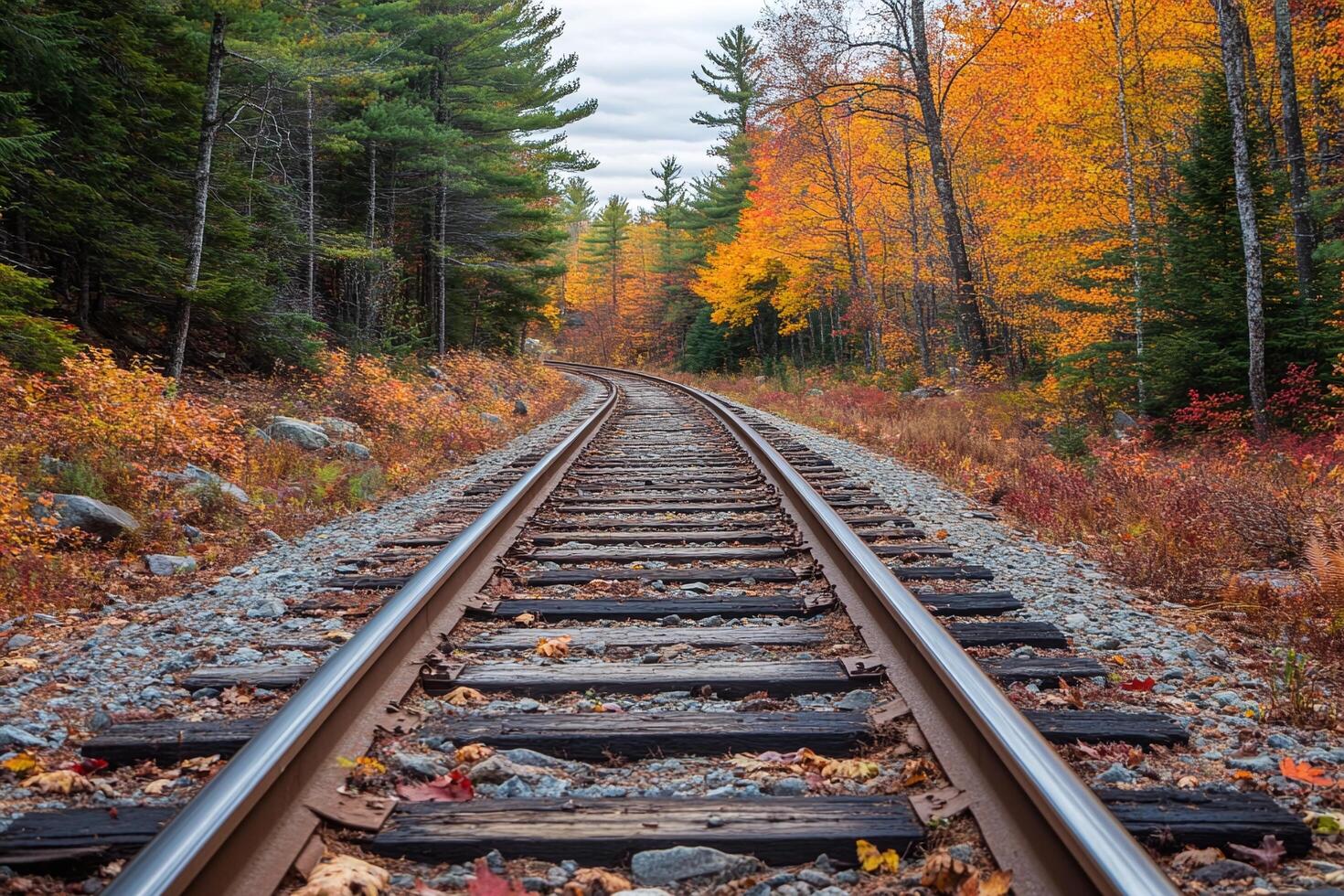 Rustic Train Tracks Through Vibrant Autumn Forest with Orange and Yellow Leaves and Evergreen Trees photo