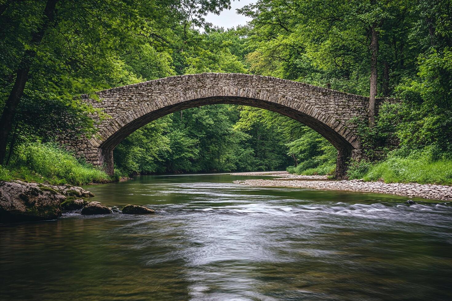 Rustic Stone Bridge Over Peaceful River Surrounded By Lush Green Forest In Tranquil Nature Setting photo
