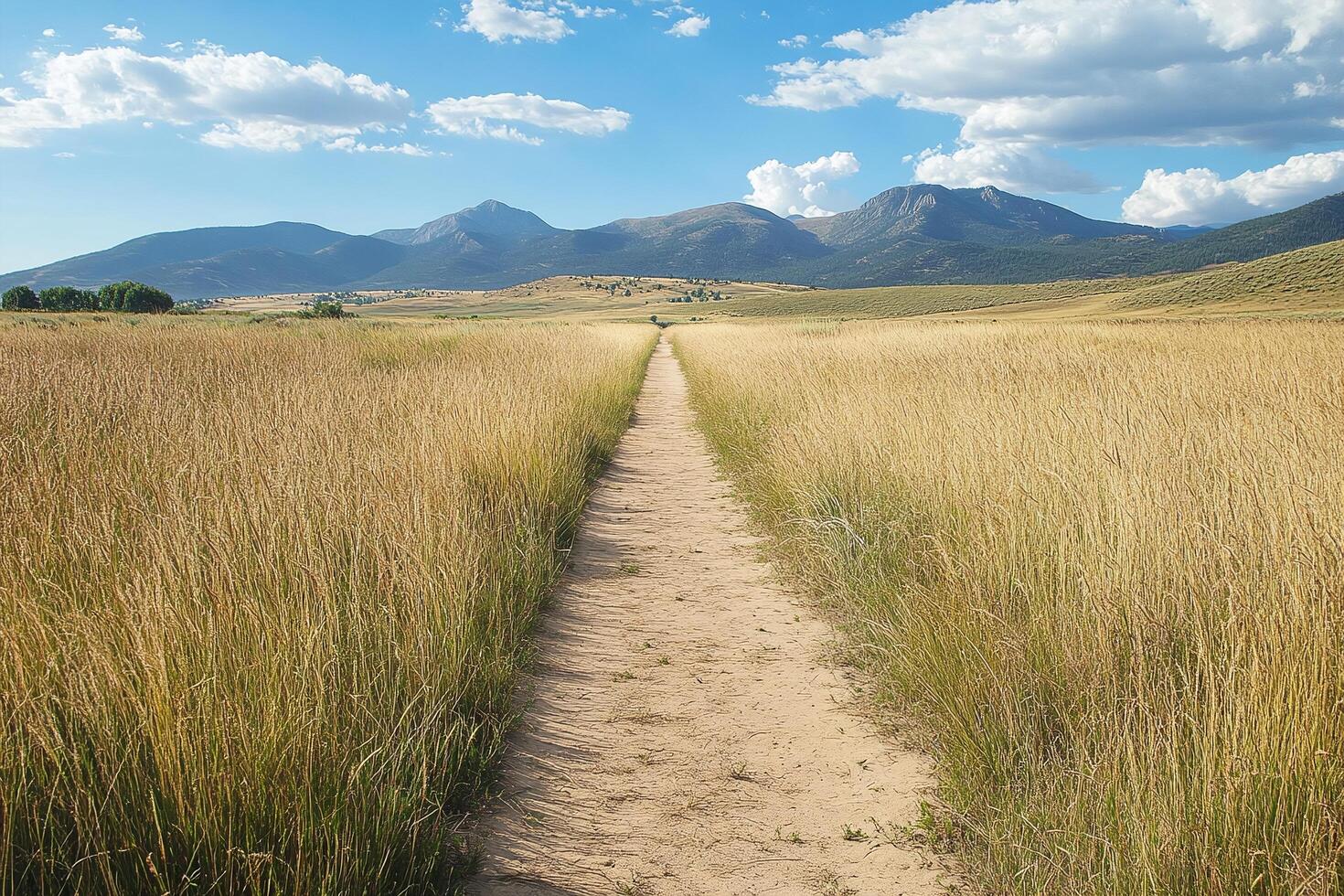 Scenic Path Through Golden Grass Field Leading To Rocky Mountains Under Bright Blue Sky With White Clouds photo