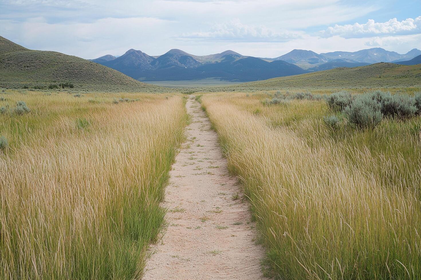 Dirt Pathway Through Golden Grass Fields Leading to Distant Mountain Range Under Blue Sky photo