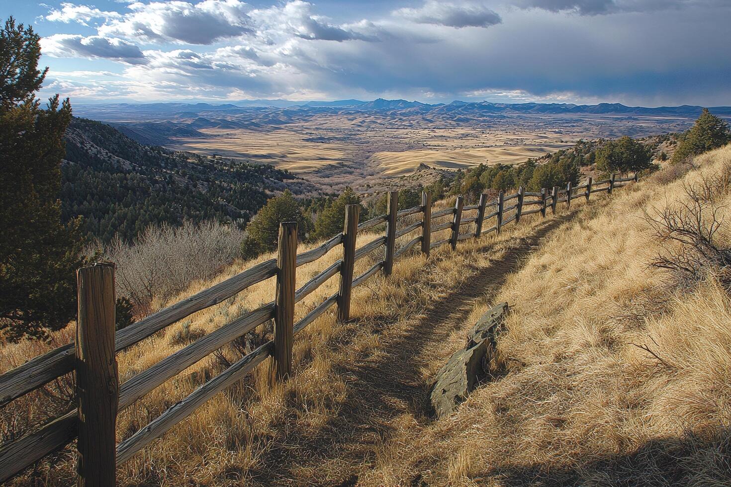 Rustic Wooden Fence Overlooking Mountain Valley Landscape With Grassy Trail And Dramatic Sky photo
