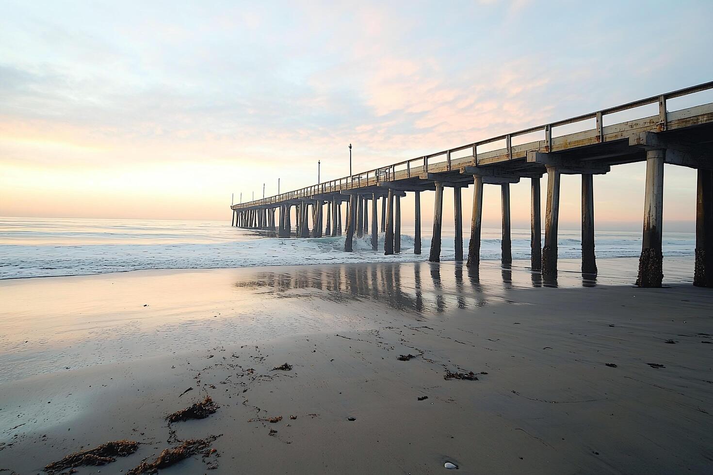 Rustic Ocean Pier Extending Over Calm Waves at Sunrise with Reflections on Sandy Beach Waterscape photo