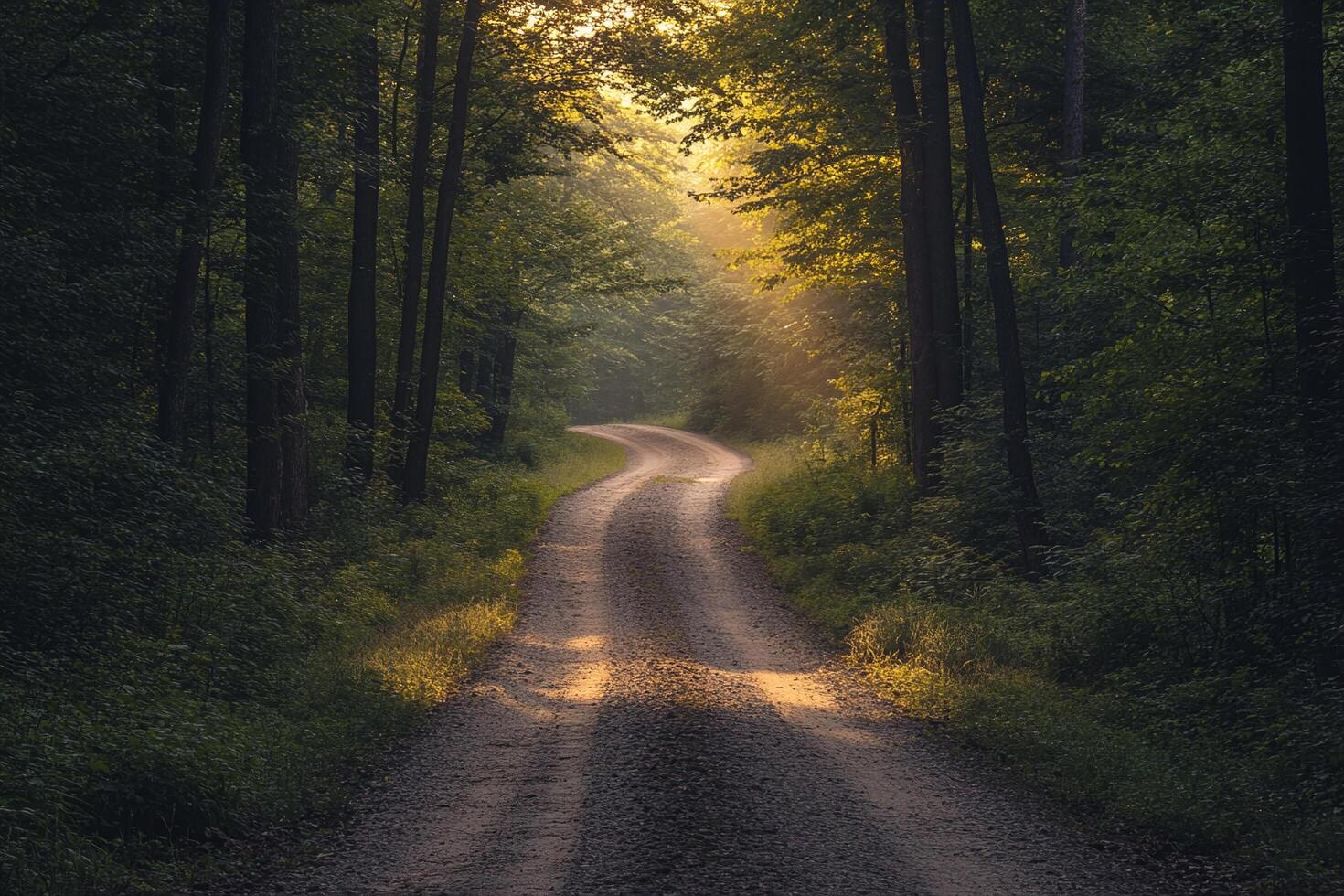 Curved Gravel Pathway Through Peaceful Forest with Sunlight Filtering Through Trees at Golden Hour photo