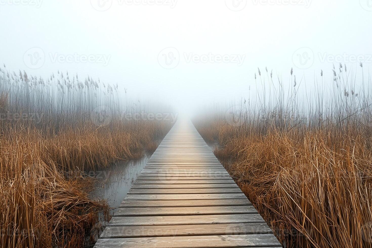 Misty Wooden Walkway Surrounded by Golden Brown Marsh Grass in a Serene Foggy Wetland Landscape photo
