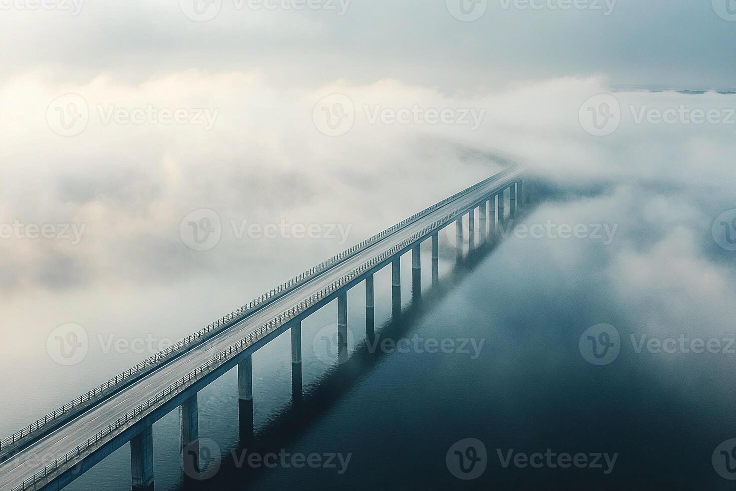 Long Elevated Bridge Stretching Over Calm Water Surrounded By Dense Morning Fog In Serene Landscape photo