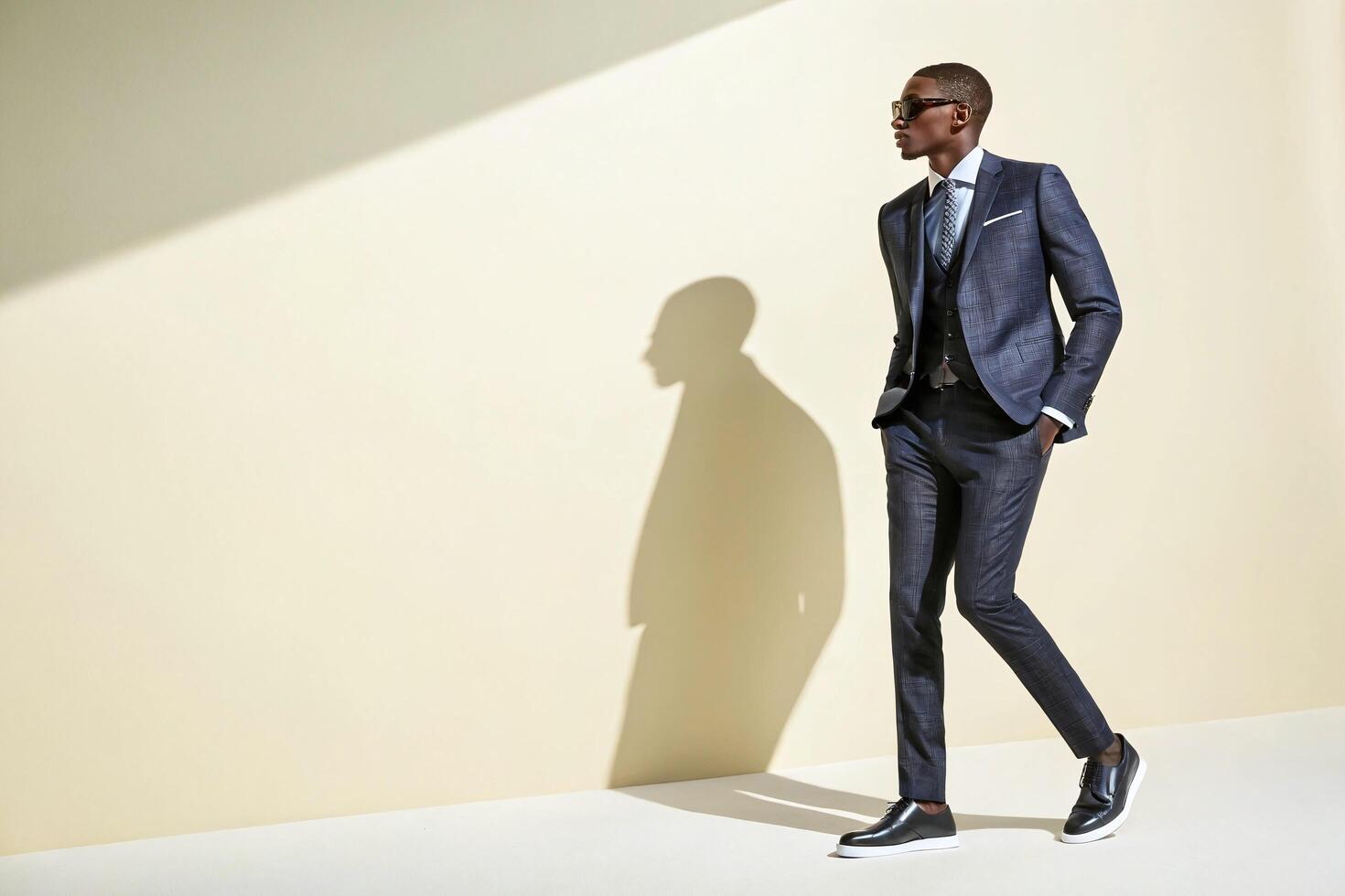 A man in a suit and tie is standing in front of a wall photo