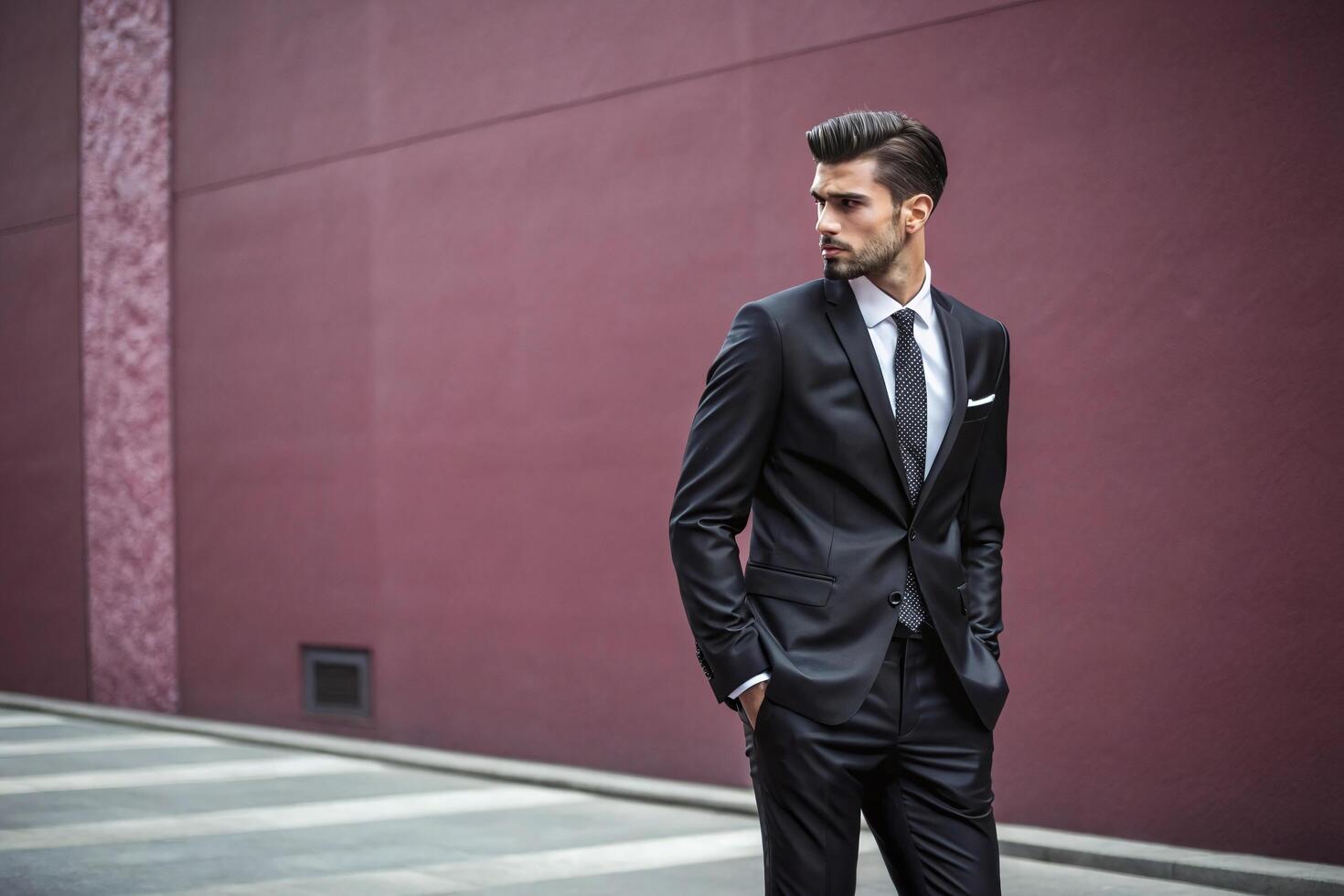 A man in a suit standing in front of a wall photo