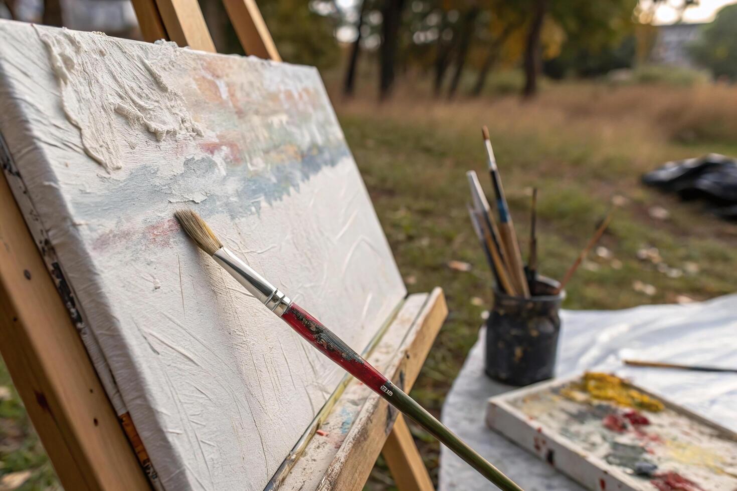 An easel with paint and brushes sitting in the grass photo