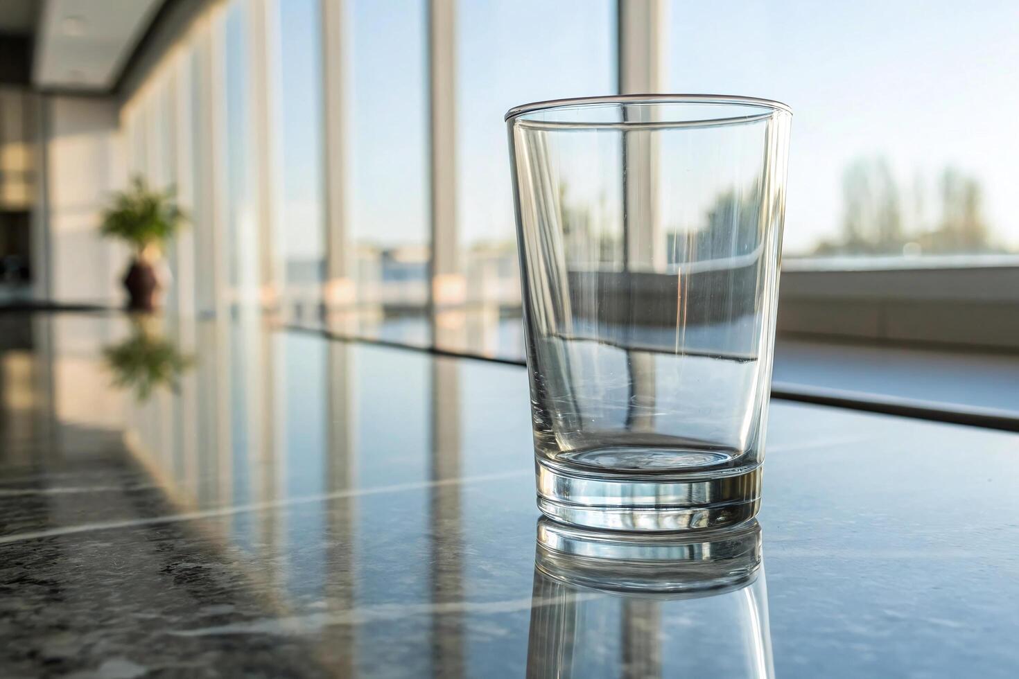 A glass of water sitting on a counter in front of a window photo