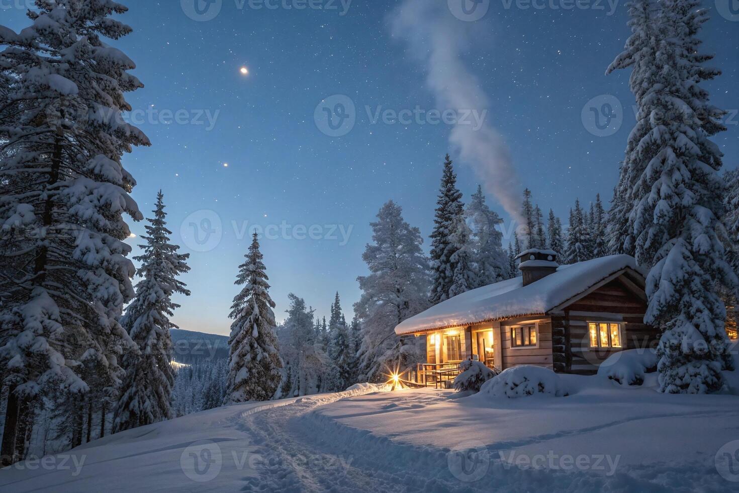 A cabin in the snow at night photo
