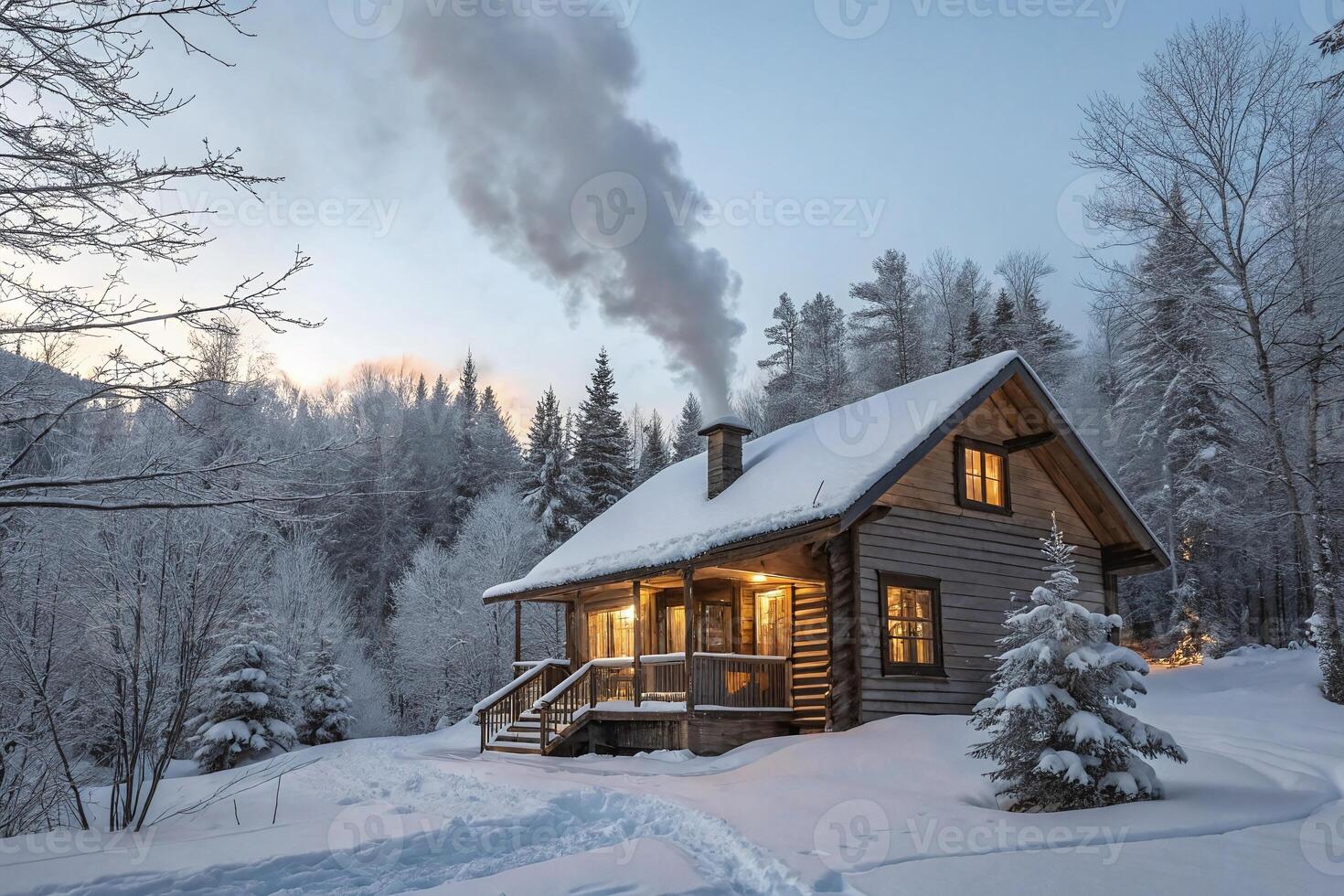 A small log cabin in the woods with a chimney photo