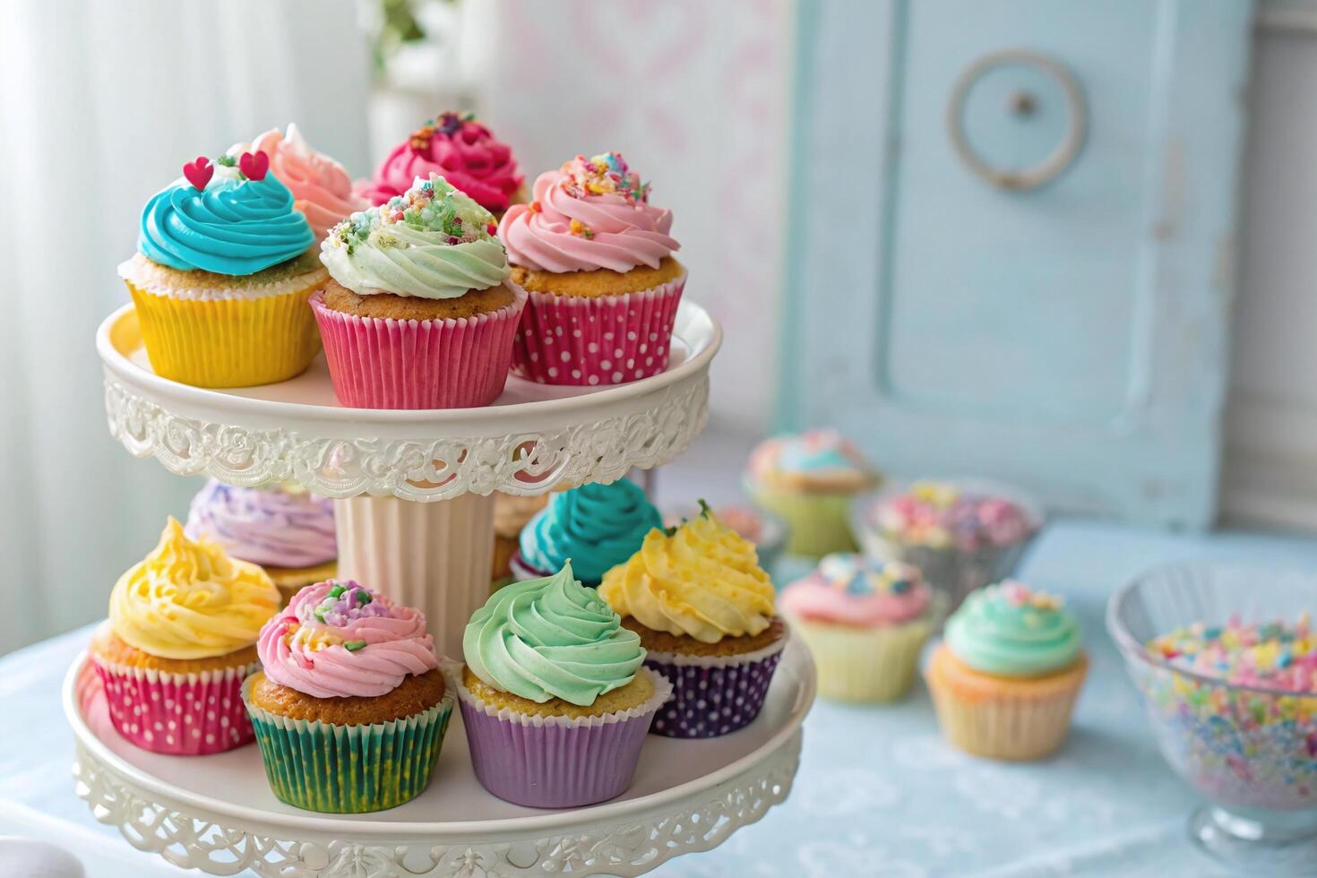 A three tiered cake stand with cupcakes on it photo