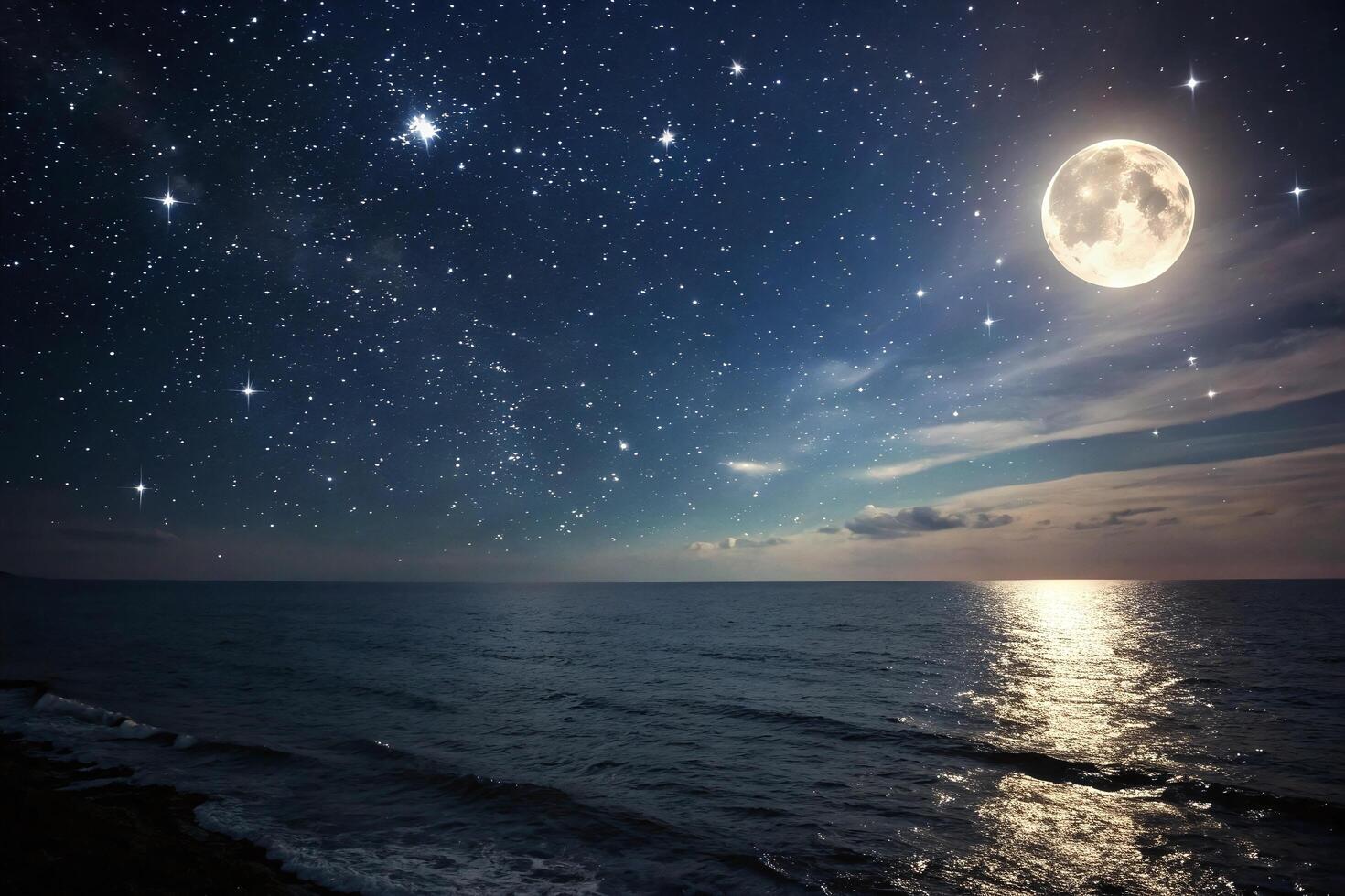 A full moon over the ocean with stars photo
