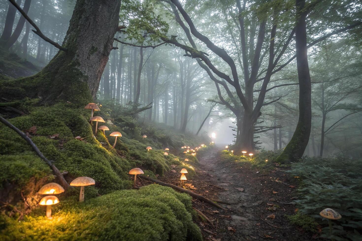 A path in the woods with mushrooms and lights photo