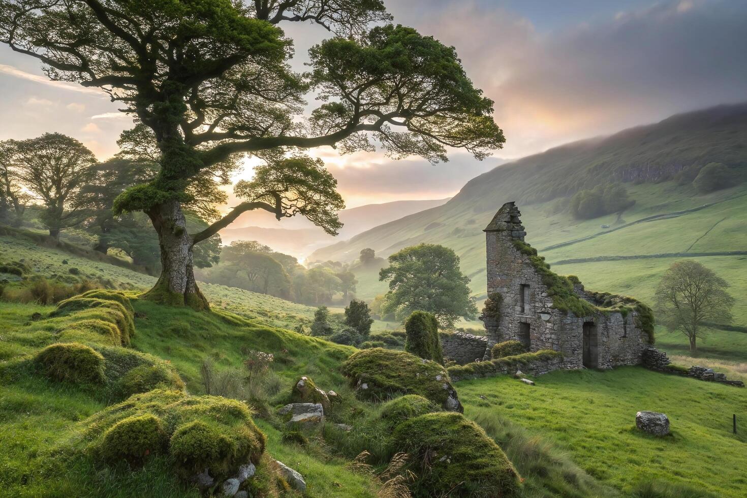 An old stone building sits in the middle of a green valley photo