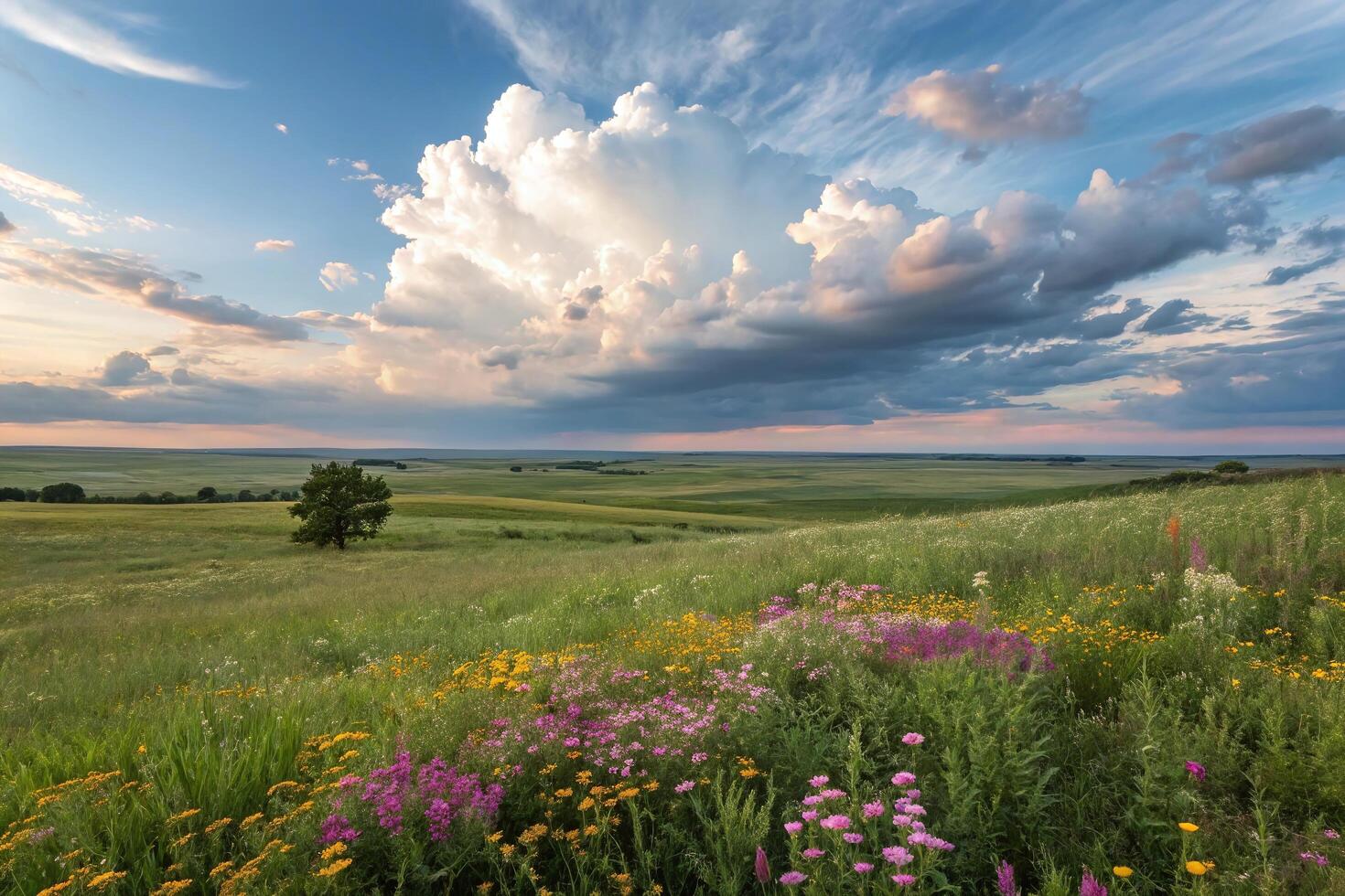 A beautiful landscape with wildflowers and clouds photo