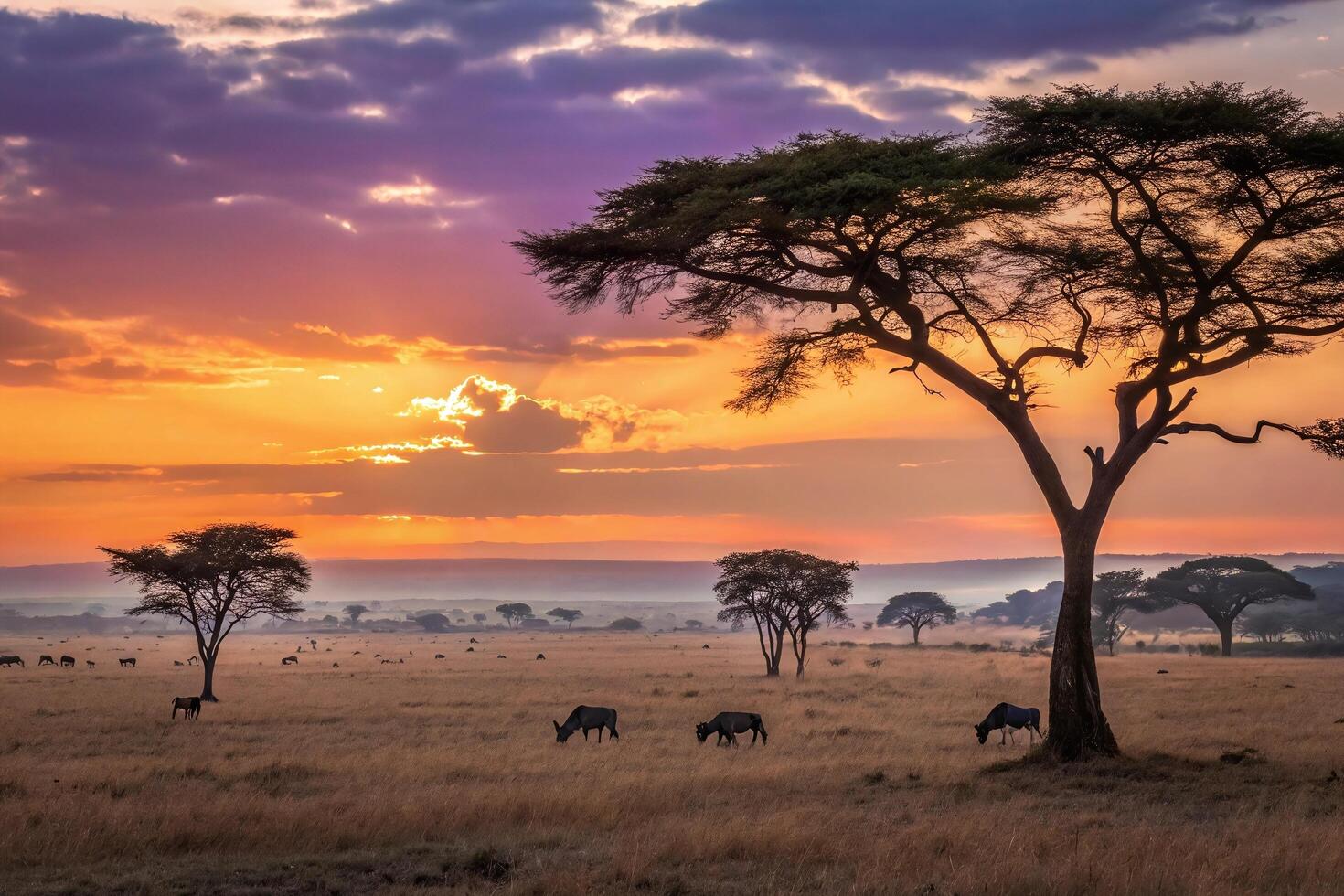 A herd of zebras grazing in the savannah at sunset photo