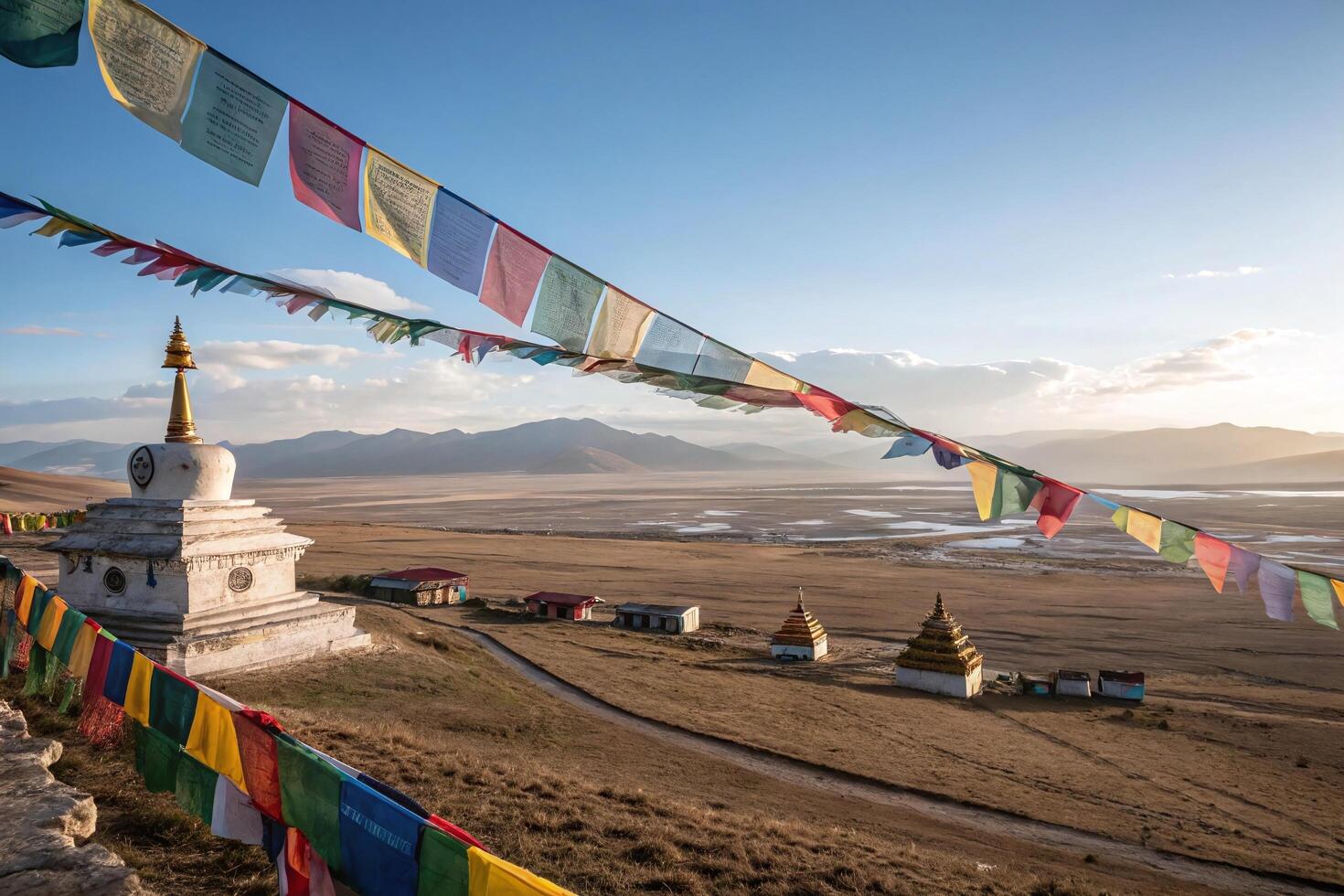 A view of a mountain with colorful flags photo