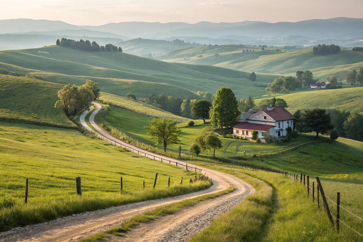 Country road in the countryside with farm house and green hills photo