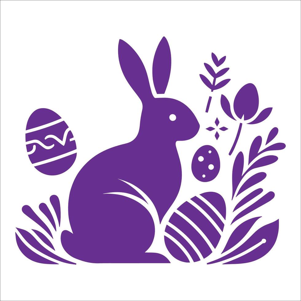 Easter bunny silhouette with eggs and flowers vector