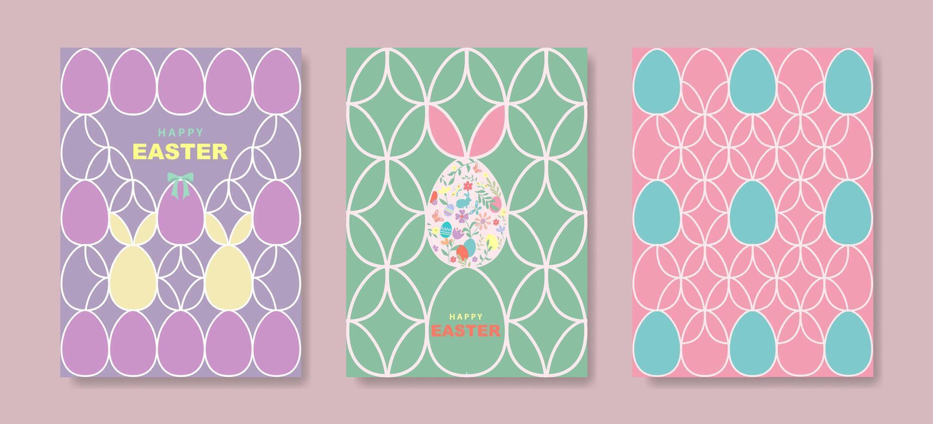 Set card of Happy Easter, Modern flat design pattern with eggs and bunnies, in pastel colors style. Festive springtime cover. illustration on colorful background with copy space vector