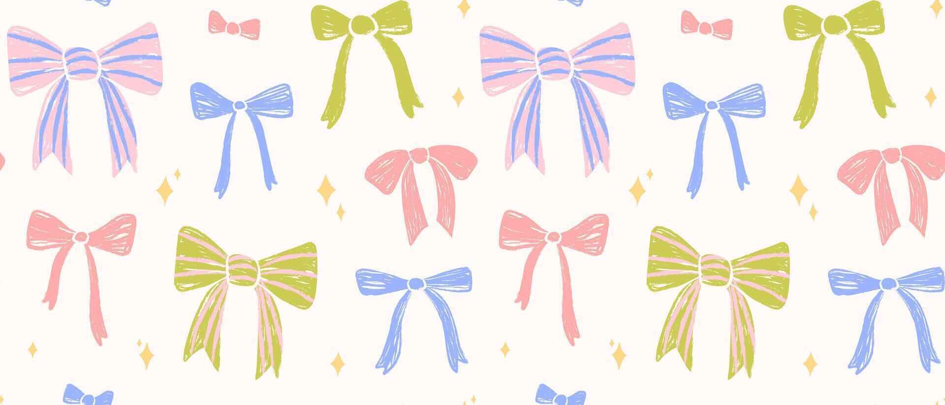 Seamless pattern with decorative ribbon bows and sparkles. Crayon texture. Hand drawn festive wallpaper in pastel shades. Cute and trendy design for fabric, background, gift wrapping, prints. vector