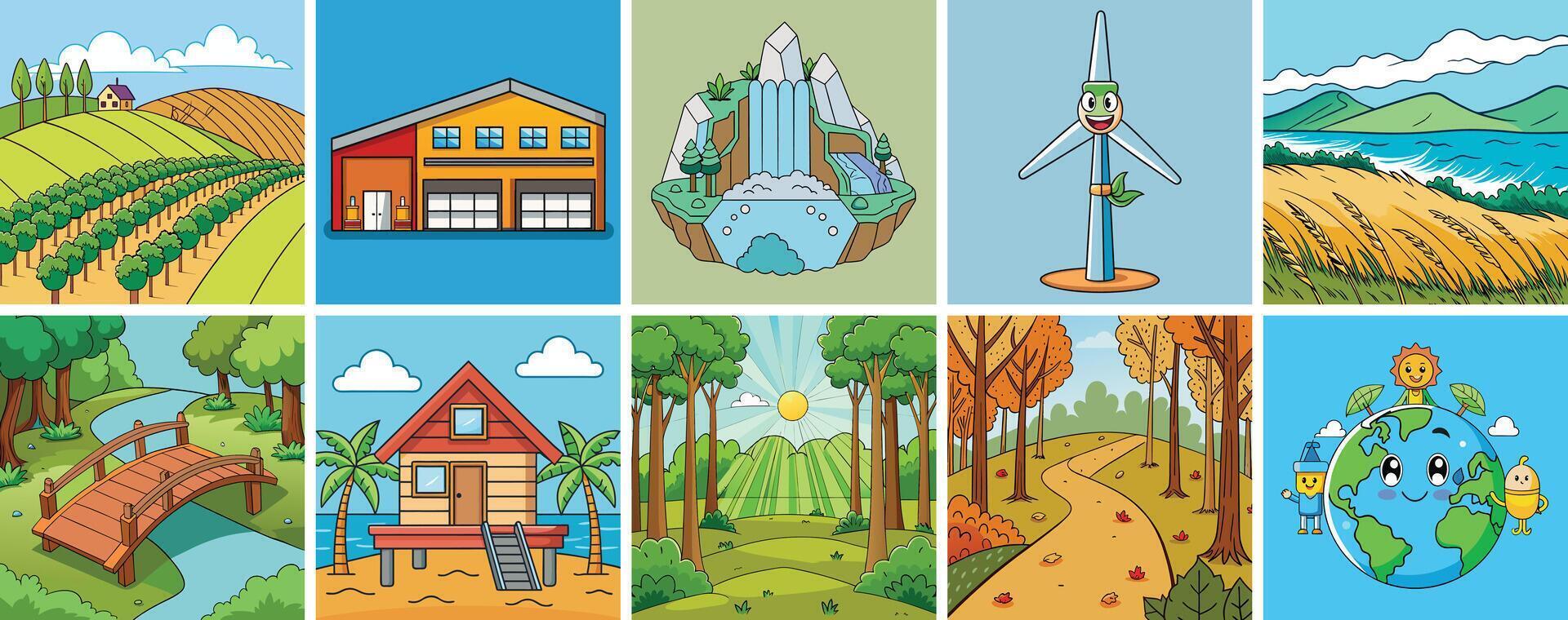 Collection of charming cartoon landscapes illustrating various environments and renewable energy vector