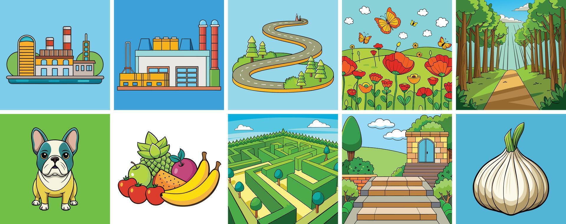 A Collection of Colorful Illustrations Featuring Factories, Landscapes, Fruits, and a Dog vector