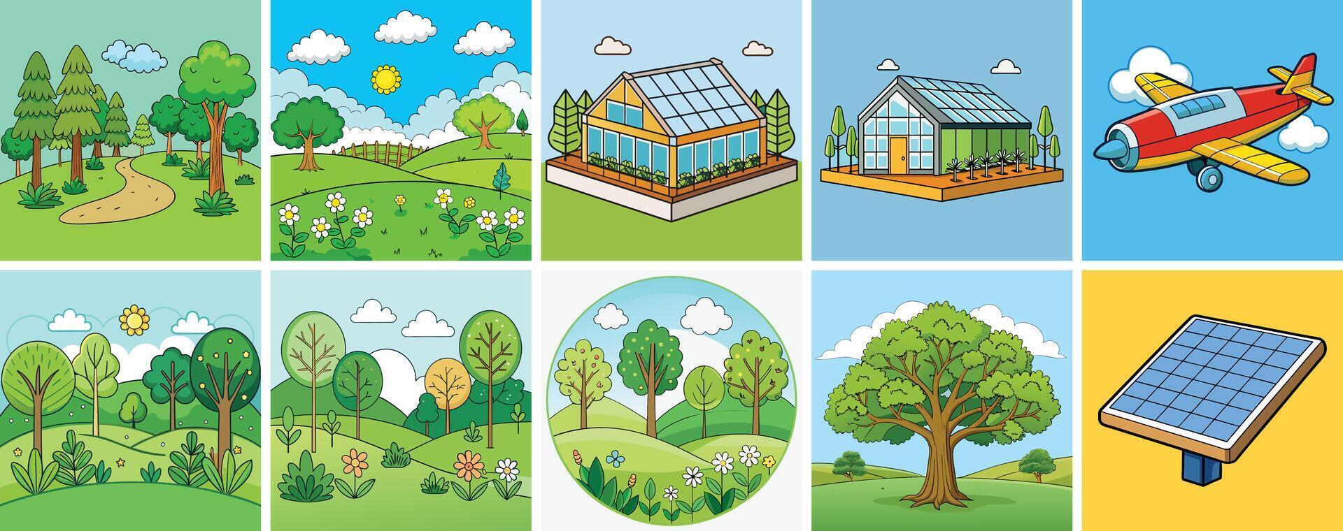 Pictures of Green Nature Scenery with Greenhouses and Solar Panels vector
