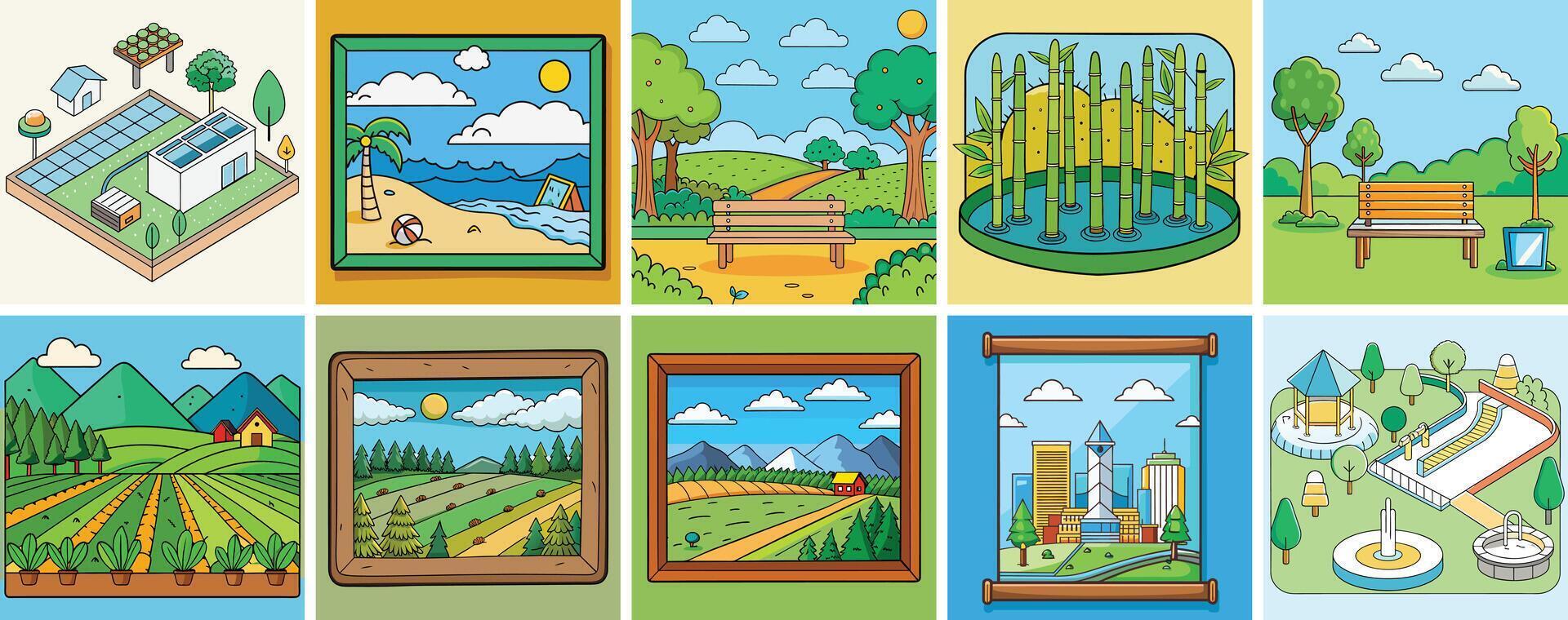 Collection of charming illustrations depicting various idyllic landscapes and urban scenes vector