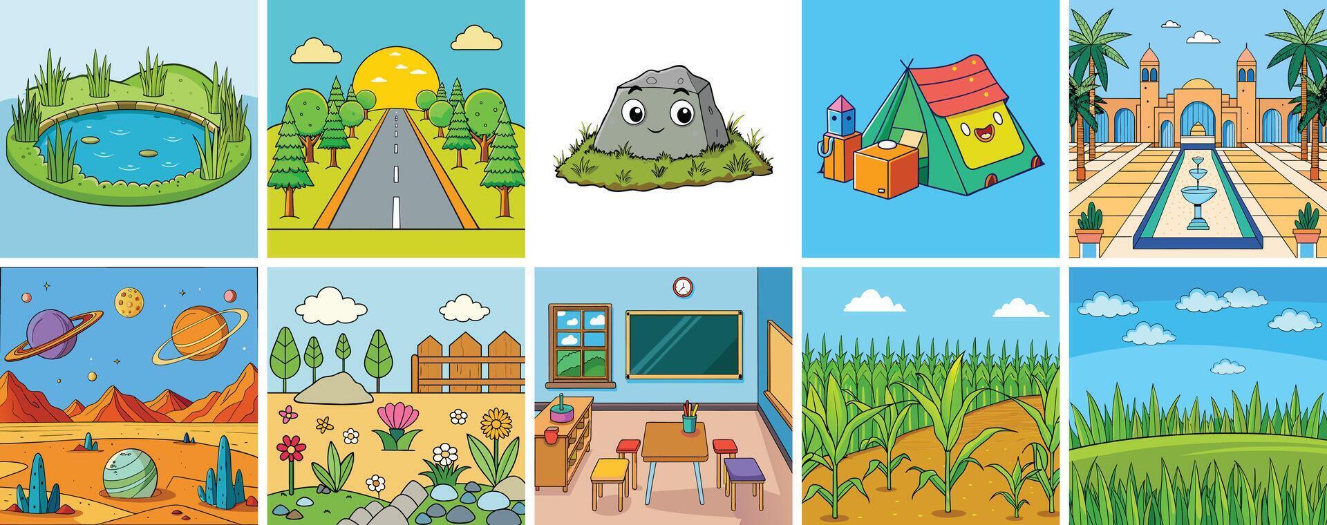 A Collection of Diverse Cartoon Landscapes Featuring Nature Scenes Buildings and More vector