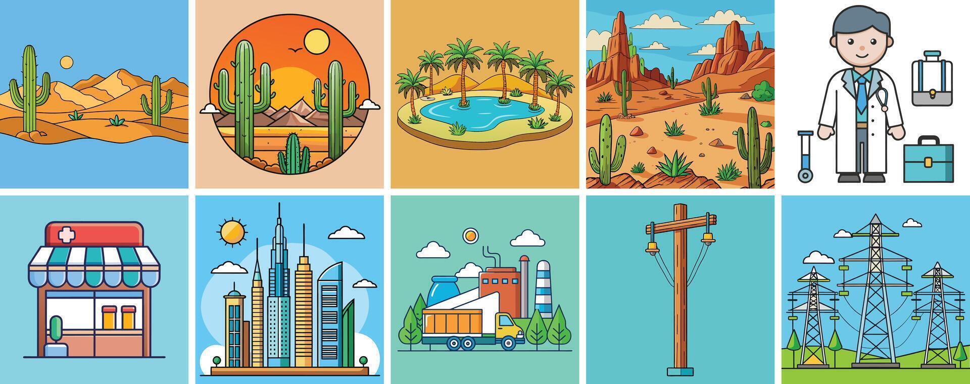 A Collection of Diverse Illustrations Featuring Desert Landscapes, Urban Cityscapes, and Industrial Scenes vector