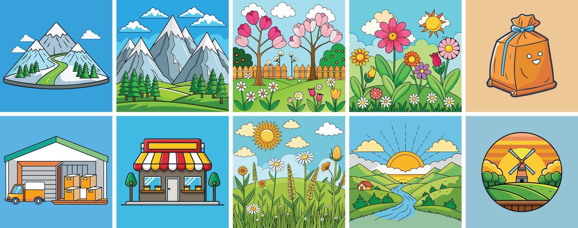 Collection of charming illustrations depicting various landscapes, nature scenes, and buildings vector