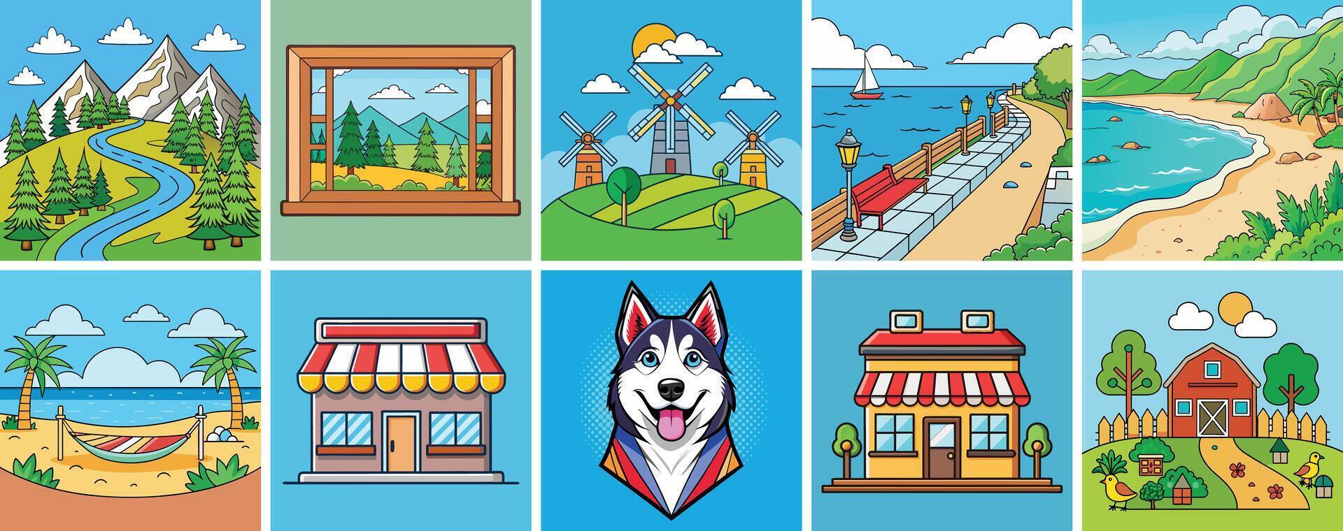 Collection of charming cartoon illustrations depicting various idyllic scenes and cute elements vector