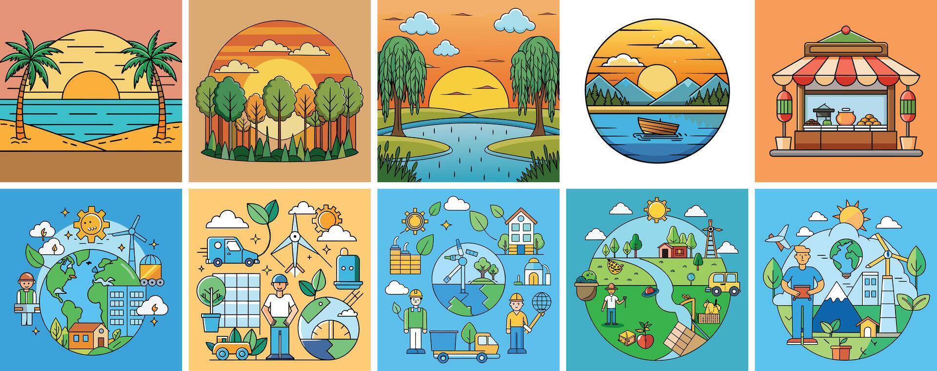 Vibrant illustrations of sustainable living eco friendly environment and renewable energy sources vector