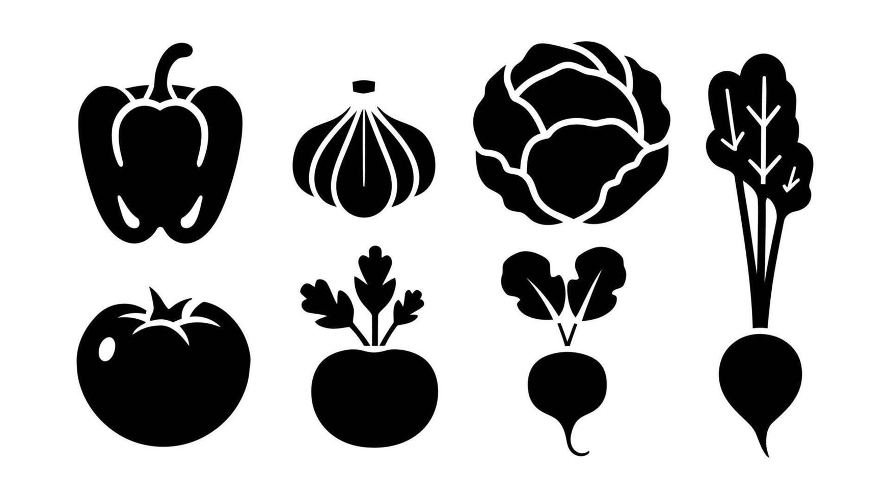 Black and White Set of Various Vegetables Bell Pepper, Garlic, Lettuce, Tomato, and Radish, Hand-Drawn Food Illustrations, Fresh Produce, Organic Vegetables, Art vector