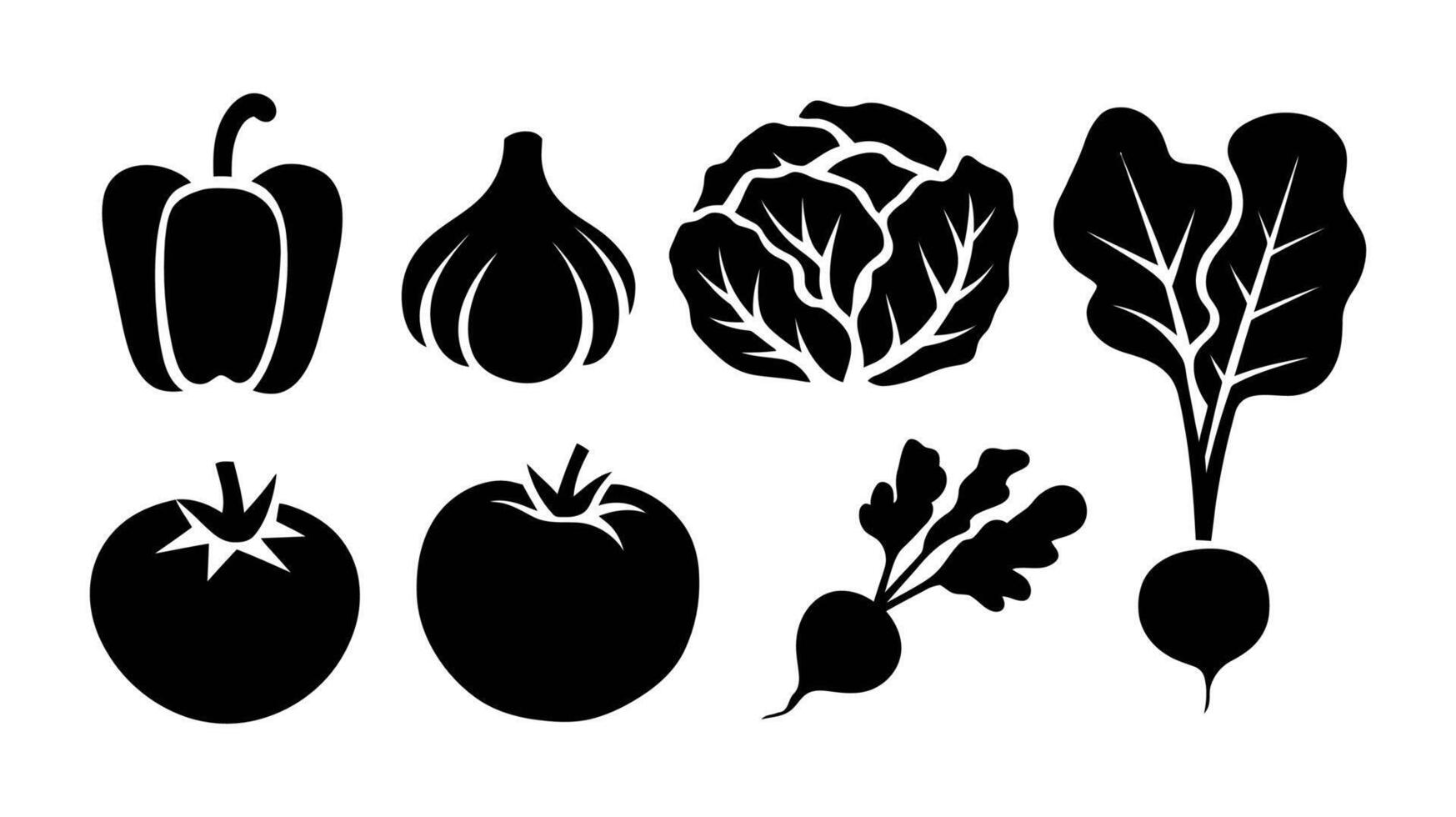 Black and White Set of Various Vegetables Including Bell Pepper, Garlic, Lettuce, Tomato, and Radish vector