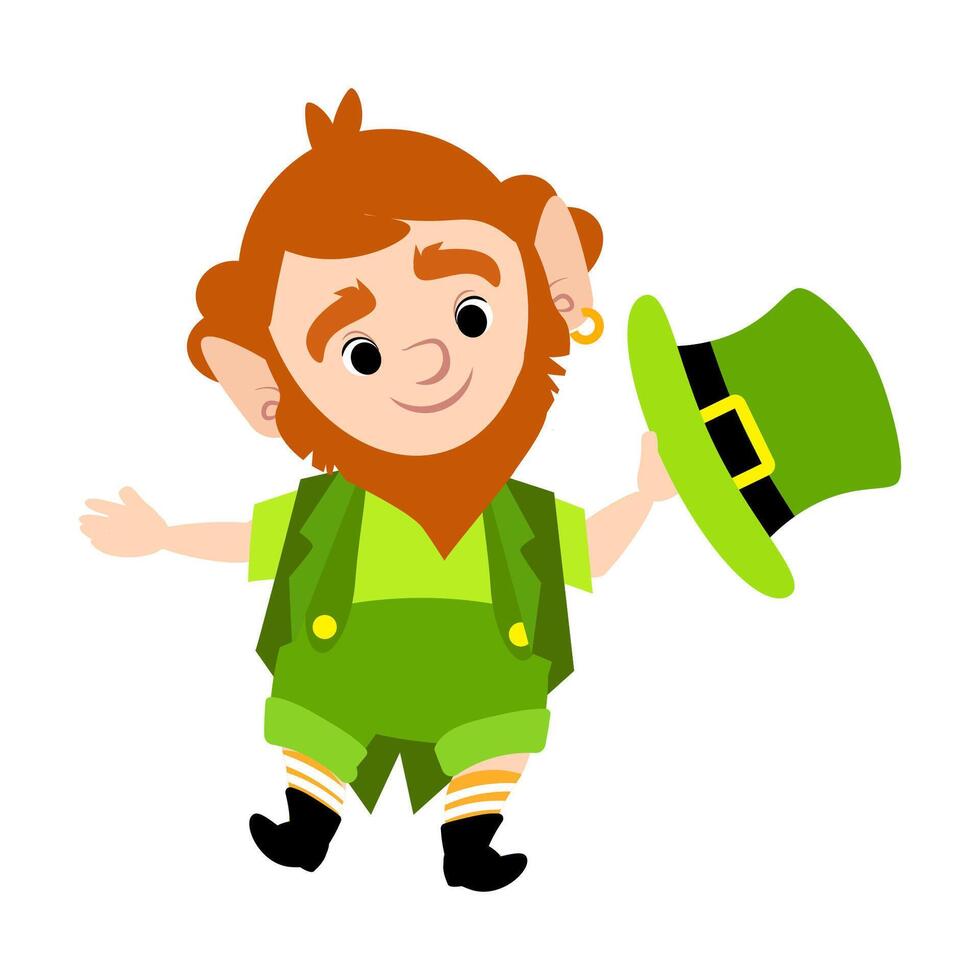 Leprechaun elf in green suit with hat in hands on St. Patrick's Day vector