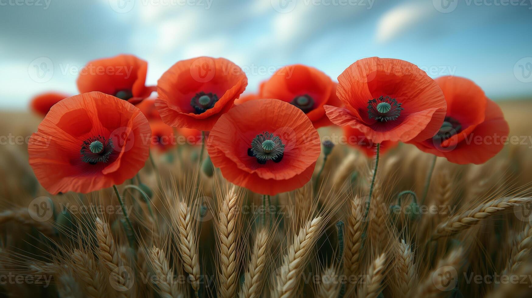 Red poppies in a wheat field under a dramatic sky photo
