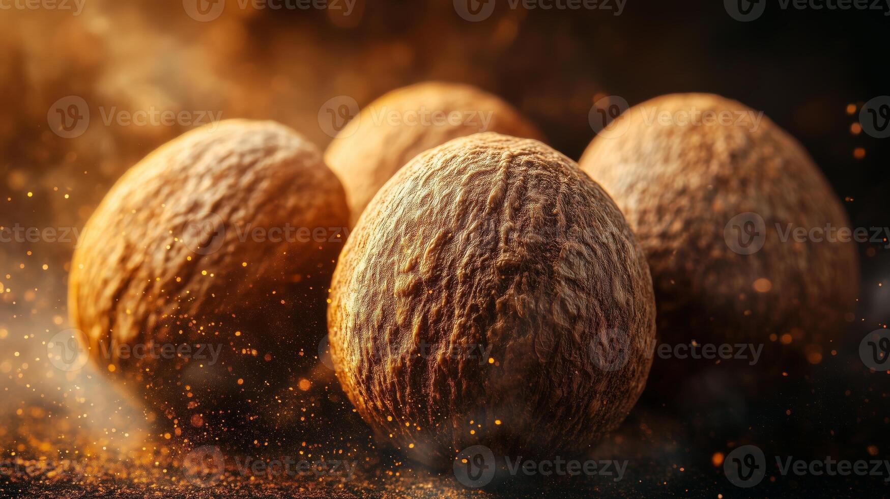 Raw nutmeg, organic and whole, close-up overhead view photo