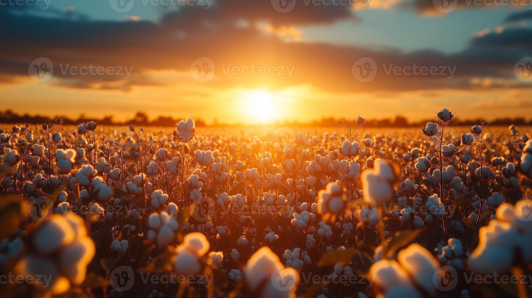 Scenery of a cotton field illuminated by the sun photo