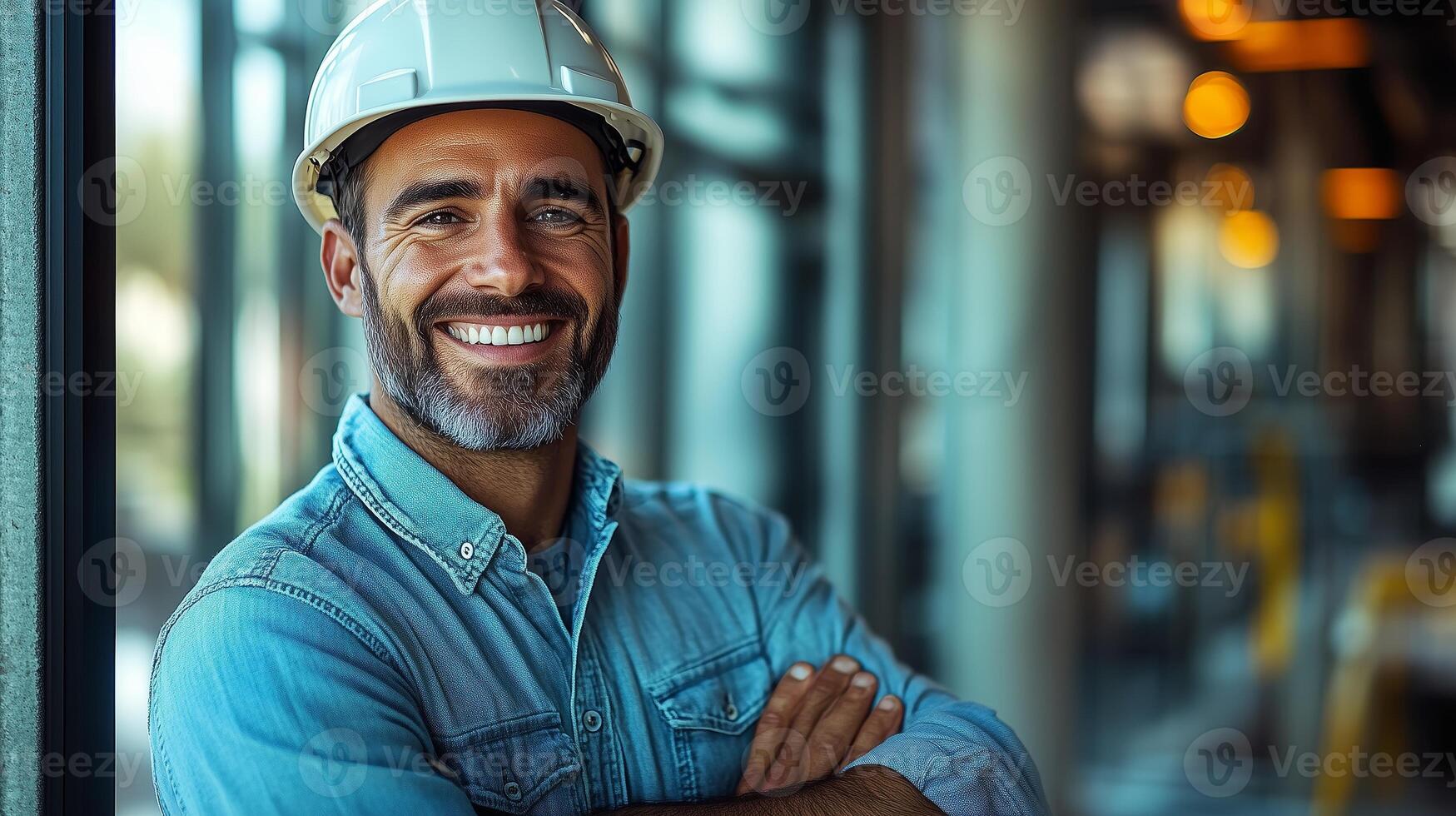 Smiling engineer holding hardhat and standing near window in office photo