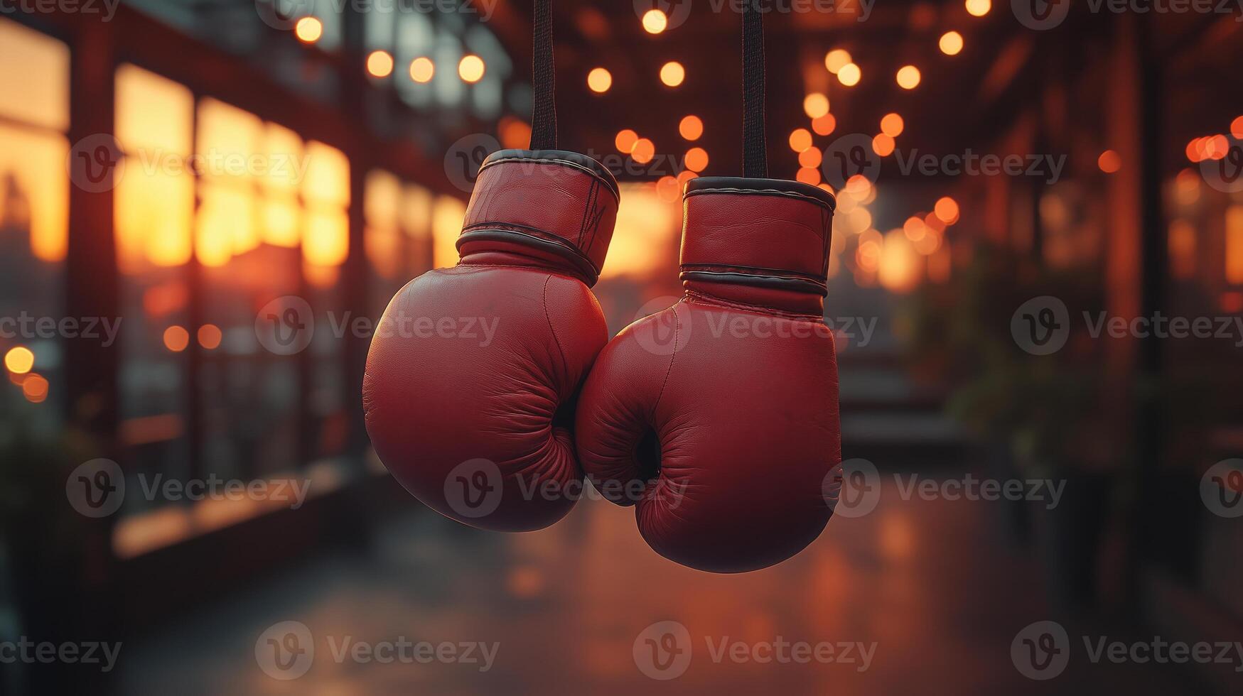 Sunset Glow Over Boxing Gloves in a Serene Gym Setting photo