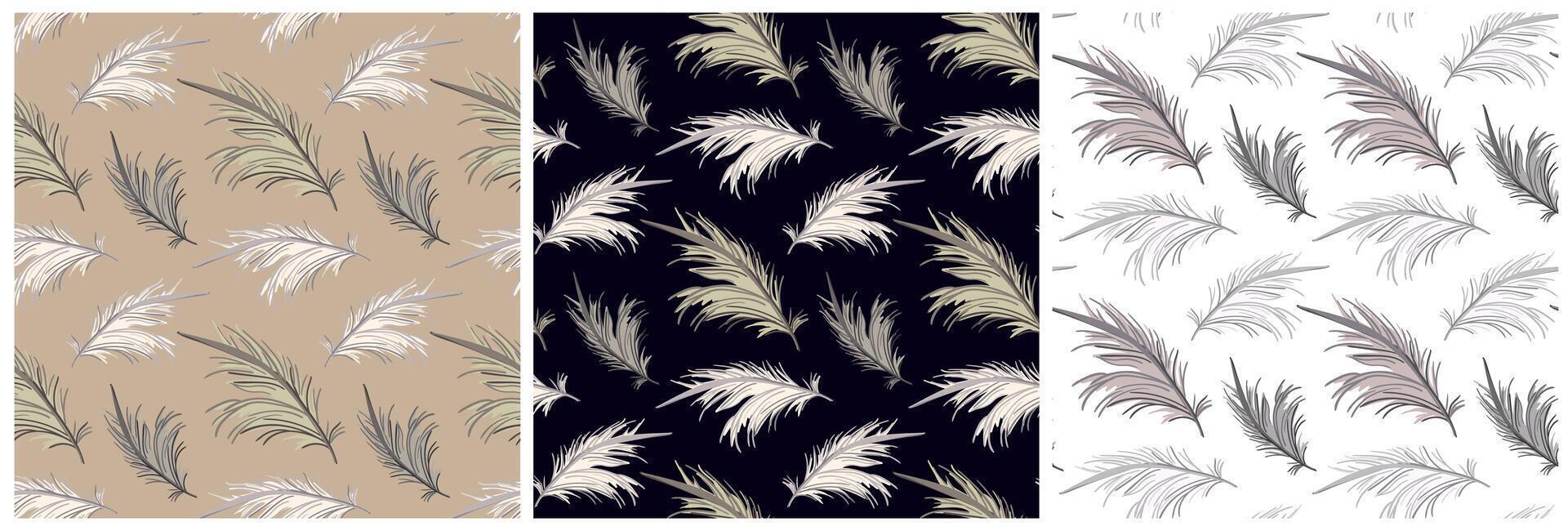Elegant Boho Feather Patterns in Neutral, Dark, and Light Tones Seamless Decorative Textile and Wallpaper Design vector