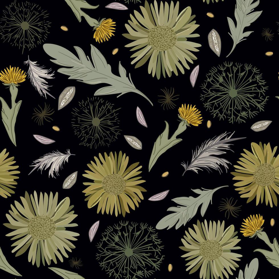 Boho floral seamless pattern with dandelions, chrysanthemums, feathers, and leaves on dark backgrounds for fabric and design vector